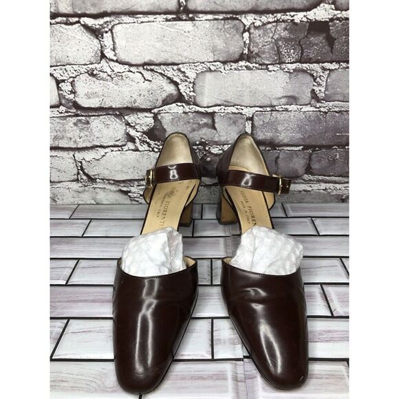Silvia Florentina Brown Patent Leather Mary Jane Strap Heels Women Sz 9M US/40EU - Picture 2 of 16